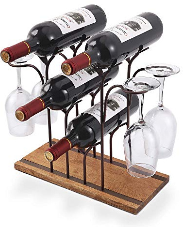 Tabletop Wood Wine Holder, Countertop Wine Rack, Hold 4 Wine Bottles and 4 Glasses, Perfect for Home Decor & Kitchen Storage Rack, Bar, Wine Cellar, Cabinet, Pantry, etc, Wood & Metal (Bronze)