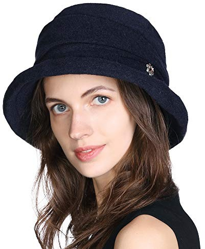 Fancet Womens Ladies Wool Felt Bucket Hats Classic Fashion 1920s Vintage Cloche Church Derby Bowler Hat Casual Walking Travel Hat Navy