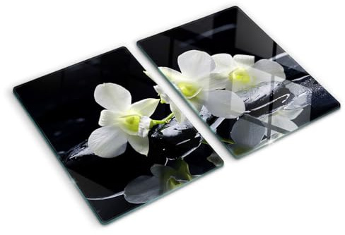 Glasschneidebrett 2x40x52 cm Gehärtetes Glas Hitzebeständig Lebensmittelecht Antibakteriell für die Küche Dekorativ Rutschfest Silikonfüße Plastikfrei 2 Stück Glasplatte - Orchidee