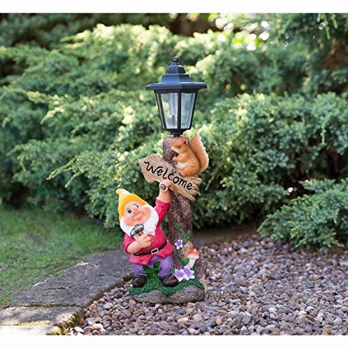 Solar Powered LED Garden Gnome & Squirrel Lamppost Light - Yellow