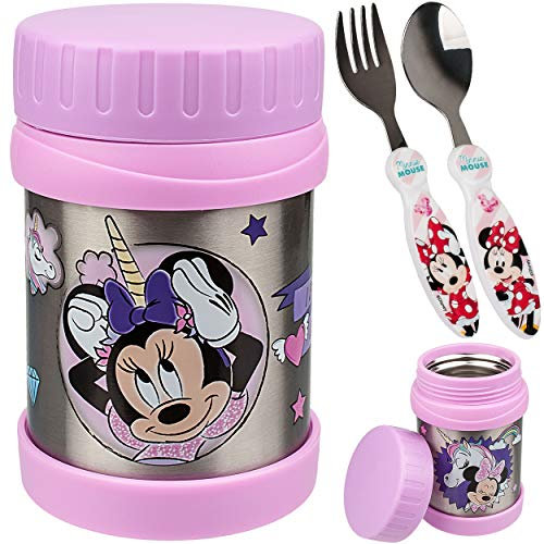 alles-meine.de GmbH 3 TLG. Set: Edelstahl - Thermo Warmhaltebox + Kinderbesteck - Wärme + Kälte - für Nahrung + Getränke - Minnie Maus & Einhorn - BPA frei - auslaufsicher - Ba..