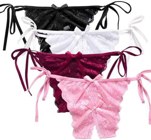 Slip in Pizzo Donna, Affascinante Mutande Sexy Vita Bassa Regolabile Cravatta a Farfalla Lingerie Sexy Mutandine, Pizzi Floreali e G-String (Perizoma - 4 Packs)
