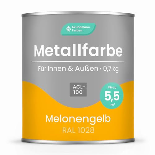 Grundmann Metallfarbe ACL 100 - Gelb 0,7 Kg - Seidenmatt - 4in1 Metallschutzlack inkl. Rostschutz und Grundierung - RAL 1028 Melonengelb