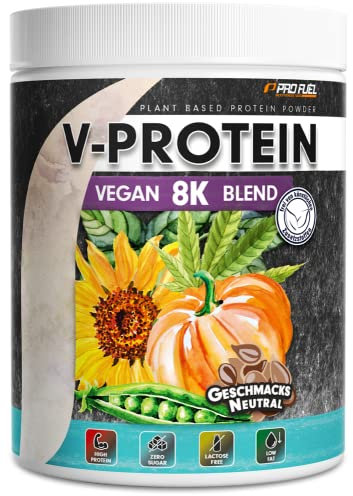 Vegan Proteinpulver NEUTRAL (480g) zum Backen und Kochen - ohne Aroma und Süße - naturbelassenes Protein aus Sonnenblumen, Soja, Hanfsamen & Kürbiskernen - 84% Protein-Gehalt - V-PROTEIN 8K Blend