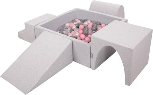 KiddyMoon Spielplatz Aus Schaumstoff Mit Quadrat Bällebad (200 Bälle) Ballgruben Für Babys Spielbad Hindernisläufen, Hergestellt In Der EU, Hellgrau:Perle/Grau/Transparent/Puderrosa