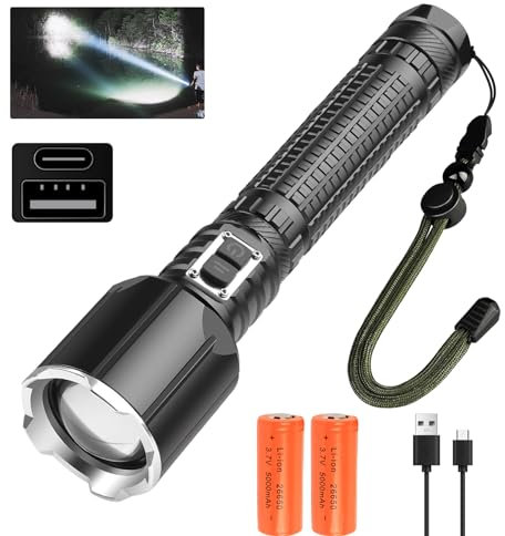 XLENTGEN Linternas LED Alta Potencia 20000 Lúmenes Linterna XHP160 Recargable con Enfoque Ajustable, Linterna Táctica Impermeable de 5 Modos con Batería de 10000mAh