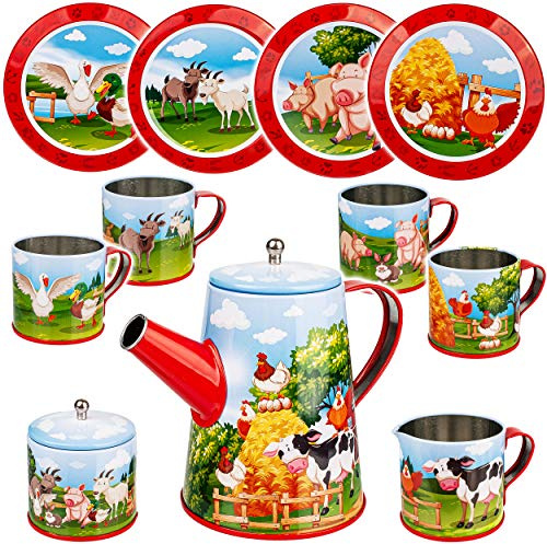 alles-meine.de GmbH 13 TLG. Set Puppengeschirr/Teeservice & Kaffeeservice - Bauernhof Tiere - Geschirr aus Blech - Metall - Blechgeschirr - Kinderküche - Picknickset Puppenkü..