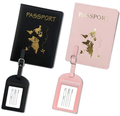 PLABBDPL 4 x Kofferanhänger und Reisepasshülle Set, Gepäckanhänger Kofferanhänger mit Adressschild für Gepäck Koffer Tasche, Reisepasshalter für Kreditkarten Ausweis und Reisedokumente (Schwarz+Rosa)