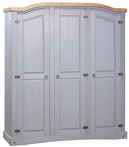 Makastle Bauernschrank Kleiderschrank Wohnzimmerschrank Dielenschrank Landhausschrank Garderobenschrank mit 3 Türen, 4 Regale und 2 Kleiderstange, 151,6 x 52 x 170 cm Grau