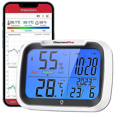 ThermoPro TP393B Digital Hygrometer with Clock Room Thermometer for Home, Auto Sync Data via Bluetooth with 80M Range, Desk Clock Displays Tempeture Humidity with Backlit for Bedroom