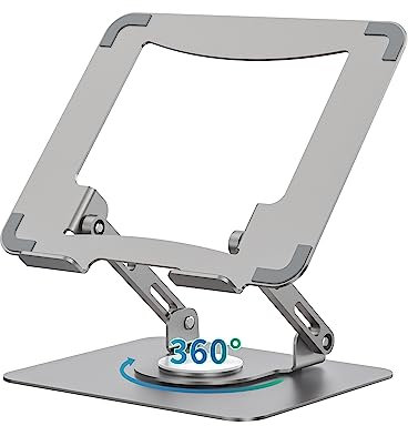 SOUNDANCE Laptop Stand with 360° Rotating Base, Ergonomic Computer Riser for Desk, Adjutable Height Muti-Angle, Foldable Laptop Mount, Stable Metal Holder Support 10-15.6 Notebook PC, Silver Grey