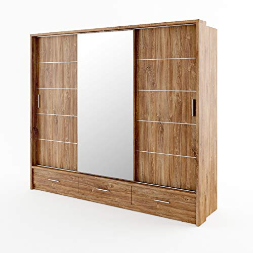 MINIO go for it - Armoire à Portes coulissantes Arti 1, 250 cm, Armoire à Trois Portes avec Miroir et Trois tiroirs, avec éclairage LED, Couleur : Stirling Oak