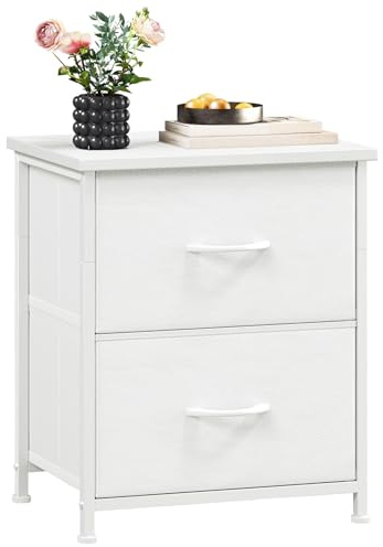 Somdot Table de Chevet, Petit Table de Nuit en Tissu, Chevet de Lit pour Chambre à Coucher Salon Enfant Adulte, 30P x 42l x 50H (2 Tiroirs), Blanc
