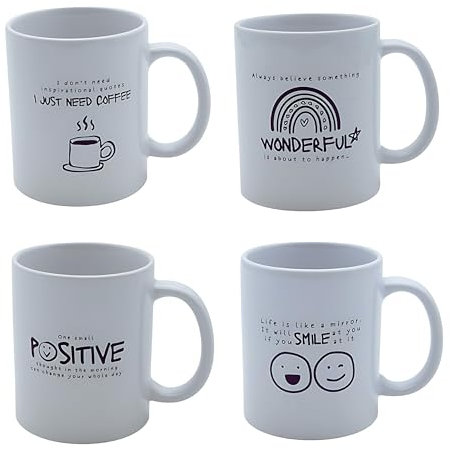 Marco Paul 4 Pcs Coffee Mug Set - Premium Ceramic White Motivational Mugs 300ml - Mug Sets for Novelty Gifts, Christmas Secret Santa Gifts Novelty Funny Gifts for Friends & Coworkers