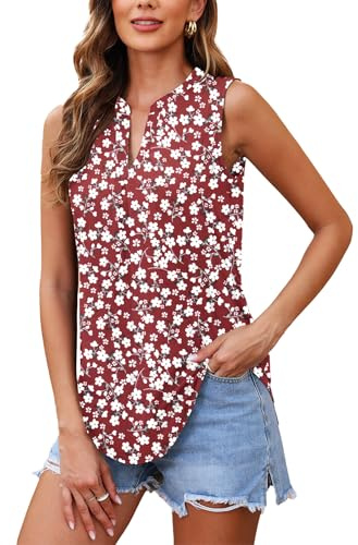 WNEEDU Camiseta de Verano para Mujer Camisetas con Cuello V Blusa Camisas Sin Mangas Casual Tank Tops(Flores Rojas,L)