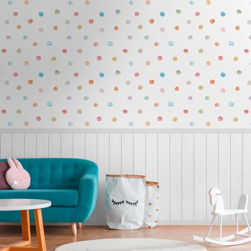 Watercolour Dots and Wood Slats 2 in 1 Vinyl Wallpaper – Textured Wood Slats Wallpaper – Modern Wallpaper for Boys, Girls, Children, Kids - Bedroom, Playroom, Nursery Wallpaper – White and Multi