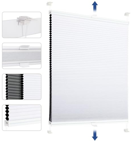 Sekey Wabenplissee Ohne Bohren Verdunkelung Rollo 100% verdunkelnd Blickdicht, Klemmfix, Aluminiumschiene, ZWeißeitig wählbar in Weiß & Grau 55x130cm (BxH)