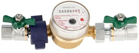 Einstrahlzähler ETK Kombi-Set (Warmwasser) bis 90 Grad Länge 110 mm, inkl. Kugelhähne grün 1/2 Zoll, Plombierschelle