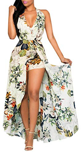 Jumpsuit for Women UK Summer Women Slip Ruching Smocking Jumpsuit Dress V Neck Speghetti Straps Backless Maxi High Low Womens Holiday Clothes Wedding Guest Dresses Multicolor