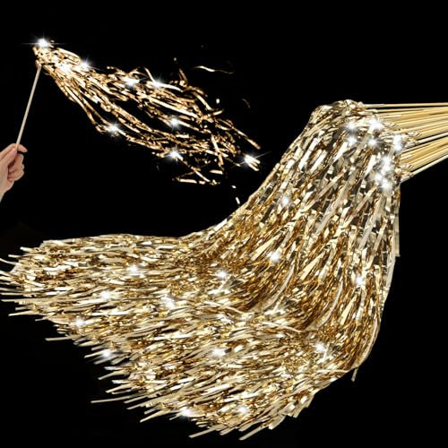 36pcs Wedding Send Off Wands, Light Up Hand Streamers with Shiny Foil Tinsel Glitter LED Ribbon Stick for Birthday Party Celebration Bridal Sparklers Baby Shower