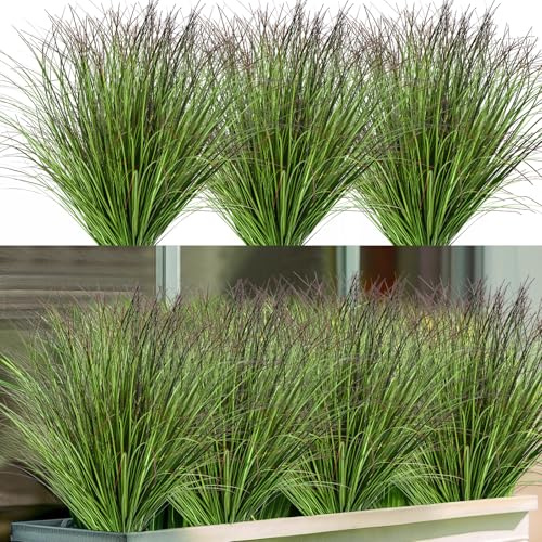 DIRXVMC Artificial Plants Pack of 16 Like Real Artificial Grass Fake Bushes Artificial Shrubs Wheat Grass Greenery Outdoor UV Resistant Faux Grass for Home Garden