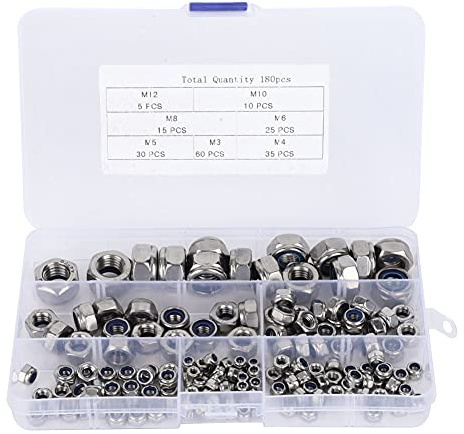 MOUMOUTEN M3 M4 M5 M6 M8 M10 M12 Edelstahl 304 Boxed Nylon Selbstsichernde Muttern Sechskant-Kontermutter-Kombinationsset (180 Stück)
