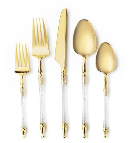 Sopphisticate Collection Lot de 40 couverts en plastique avec poignée argentée pailletée et dessus doré Idéal pour les mariages et événements festifs