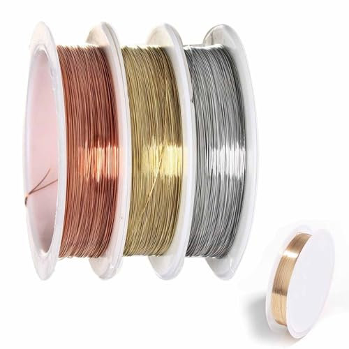 60m Schmuckdraht, 4 Rollen 0.3mm Basteldraht, Kupferdraht, Perlendraht zur Schmuckherstellung Blumengestecke (Gold, KC Gold, Silber, Bronzefarben)