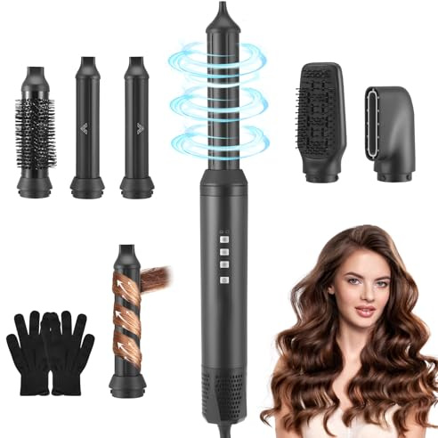 Air Styler 5 en 1, 1200W Cepillo Secador de Pelo, Airwrap con un Hierro Rizado Automáticamente, 110000 RPM Peinando Aire con 5 Accesorios para Secar, Rizar y Cepillo de Aire Caliente para Mujeres