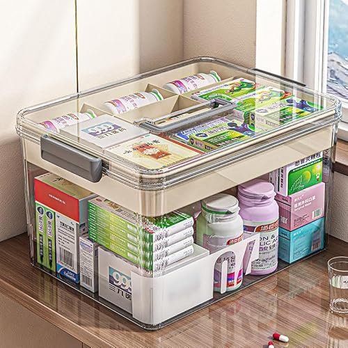 Fouvin Boîte de rangement pour médicaments, double couche, en plastique, grande boîte à pharmacie avec poignée de transport
