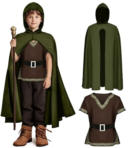 Tacobear Costume Médiéval Garcon Deguisement Viking Enfant Cape a Capuche Tunique Ceinture Chevalier Renaissance Cosplay Costume pour Carnaval Anniversaire Halloween (140, 7-8 Ans)