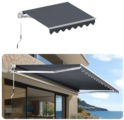 Auvent Téléscopique avec Manivelle,Store Banne Manuel Rétractable,Auvent à Bras Articulés,Store pour Balcon,Store de Terrasse,Résistant aux UV/Eau,Angle Réglable,Marquise Soleil de Balcon,Gris,2.5x2M