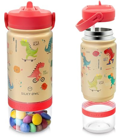 SILKY OWL Trinkflasche Kinder Edelstahl 350ml mit Strohhalm und Behälter 120ml - Kinder Thermosflasche auslaufsicher - BPA-frei - Thermoskanne Jungen, Mädchen für Kindergarten, Schule (Dinosaurier)