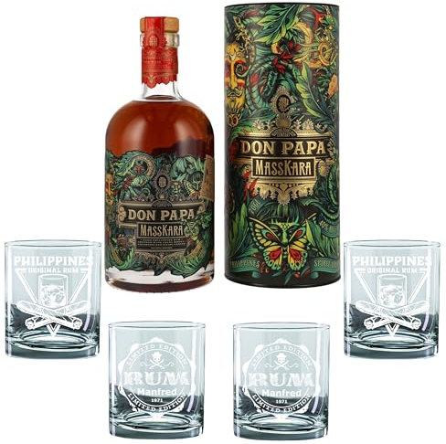 bick.shop Set de regalo 2 vasos + 1 botella de ron Mascara, idea de regalo personalizada grabada con láser con toque personal, vasos de ron grabados, caja de regalo (200 ml, calavera)