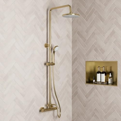 Baystone® Thermostatic Mixer Shower Set with Rainfall Head Adjustable Riser Rail Handset Hose Exposed Bar Valve Showers Round, Brushed Brass