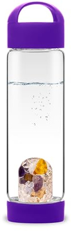 VitaJuwel ViA PRANA amethyst | Yoga-Wasserflasche mit Amethyst, Versteinertem Holz, Chalcedon, Bernstein & Bergkristall für Achtsamkeit, Innere Balance & Lebenskraft