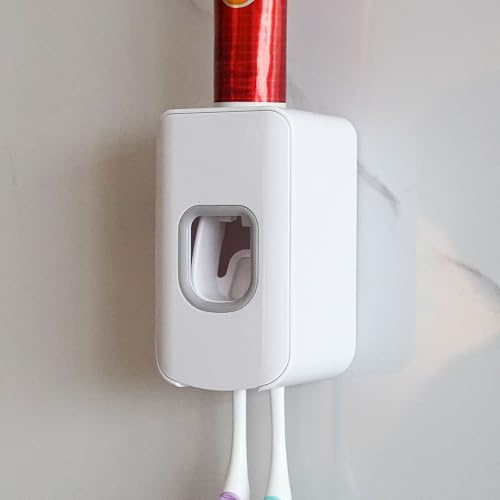 Zahnbürstenhalter mit 2 Schlitzen und Zahnpastaspender zur Wandmontage, automatische Zahnpasta-Presse, 2-in-1-Zahnbürsten-Zahnpasta-Organizer für Dusche (hellweiß)