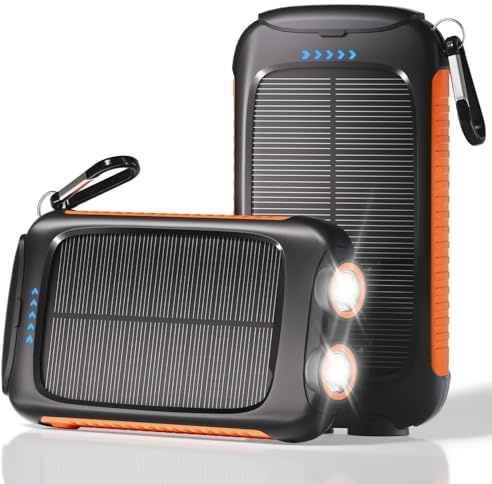 Chargeur portable solaire 20 000 mAh avec port de sortie USB-A et USB-C 5 V/3 A Orange Compatible avec iPhone, Samsung, lampes de poche LED d'urgence étanches, parfaites pour le camping, la randonnée