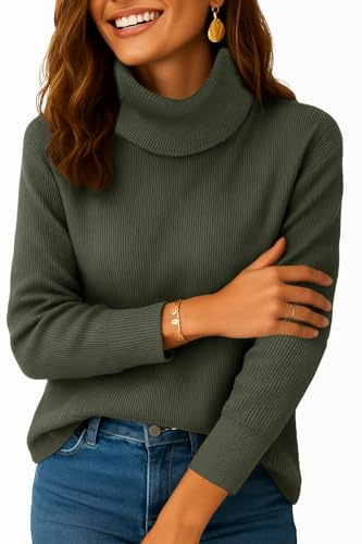 Zeagoo Maglione da donna a collo alto invernale in maglia a maniche lunghe con collo alto elegante caldo top invernali a collo tartaruga taglie S-XXL, verde militare, M