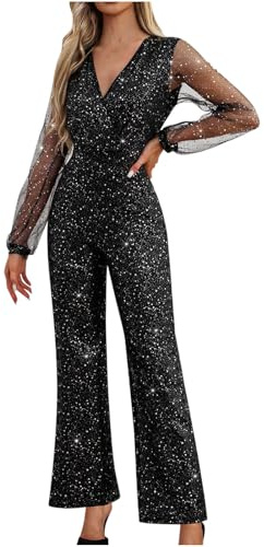 Flodxo Jumpsuits Women Elegant Ladies Dungarees Deep V Neck Long Sleeve Rompers Metal Print Petite Jumpsuits & Playsuits High Waisted Tailored Overalls Wedding Party Clubbing Silver L