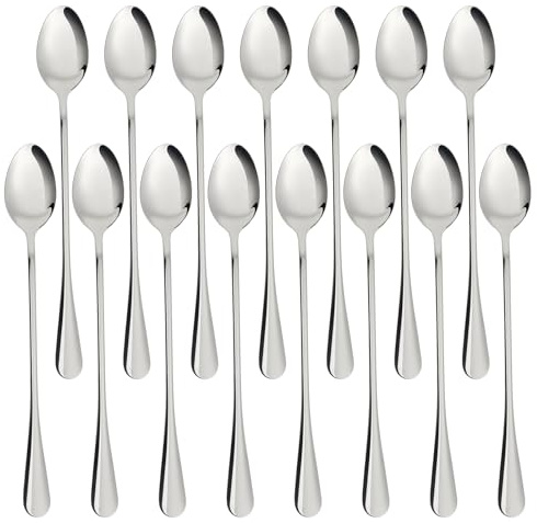 GTNCE Lot de 15 cuillères en acier inoxydable – Longues cuillères à latte macchiato (19,5 cm), cuillères à café, cuillères à cocktail/à glace, cuillères à long drink, passent au lave-vaisselle pour