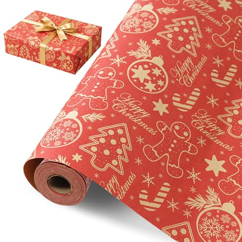 Presentpapper, jul, julklappspapper, rött 43 cm x 15 m, presentpapper av kraftpapper, julklappspappersrulle, presentpappersrullar för julfester, presentdekorationer