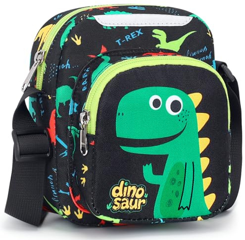 BrainyBees Kids Crossbody Bag for Boys - Kids Purse for 3 4 5 6 7 8 Year Old Boys Shoulder Bag with Adjustable Strap for Travel Gifts, Black Dinosaur