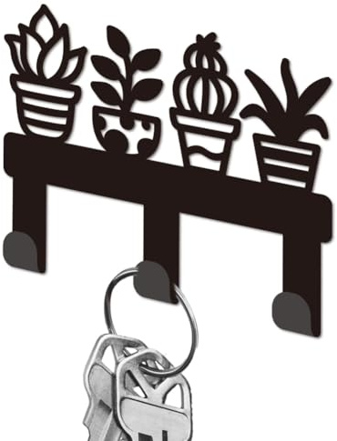 DELORIGIN Potted Plants Key Holder for Wall, Small Black Key Hooks Wall Mounted Iron Keys Rack with 3 Hooks, Keys Hanger for Keyring Bag Dog Leash Storage House Kitchen Living Room Hall Decorative