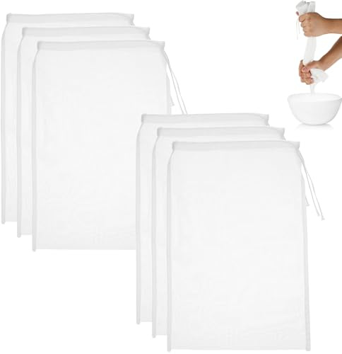 6-Pack Reusable Mesh Straining Bags, 20x30cm Food-Grade Nylon Filter Bags for Cold Brew Coffee, Nut Milk, Yogurt, and Cooking