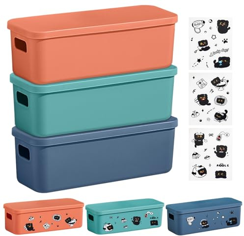 Chesomn 3 Pcs Small Storage Box with Lid, Plastic Storage Boxes | Stackable Cupboard Storage Boxe Ideal for Kitchen, Cupboard, Office, Bathroom, with Lid and Handle（28×10×9.5cm, Multicoloure）
