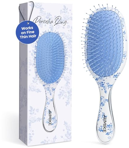 Brosse démêlante AIMIKE Porcelia Qing, brosse démêlante sans douleur avec poils FlexGlide ultra-doux, brosse plate pour cheveux secs et mouillés, pour femmes aux cheveux fins et clairsemés