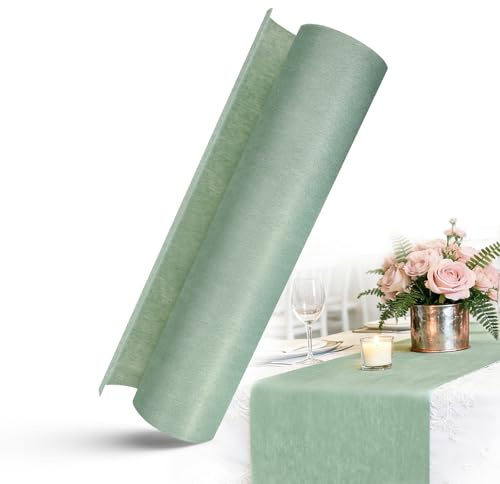 KENPOJO Chemin de Table en Non-tissé Vert Eucalyptus 30 cm x 25 m, Ruban Nappe Décorative Vert Sauge, Decoration Table Rouleau pour Baptême, Communion, Anniversaire, Mariage et Fête