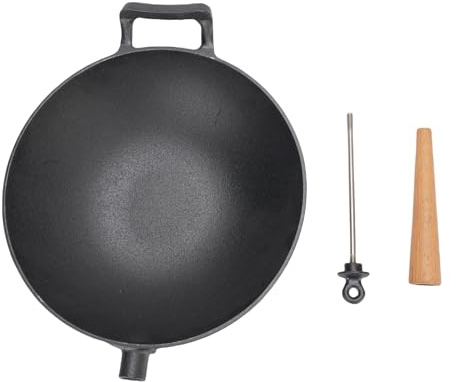 Glomora Sartén Wok de hierro fundido con mango de madera - Sartén multifuncional para saltear y freír de 30 cm para estufas de gas, inducción y eléctricas al aire libre abierta