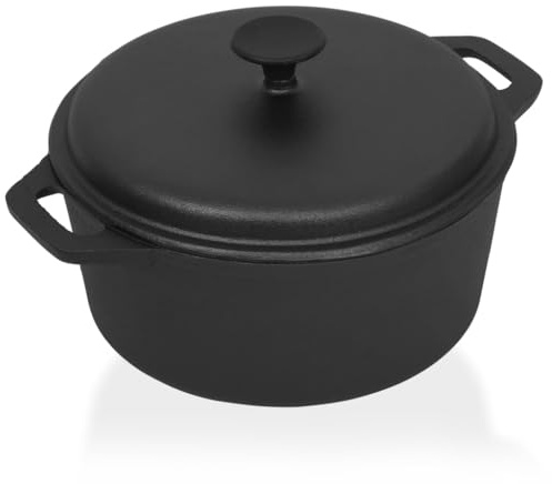 Pot En Fonte Ø26,5 cm, 5L, Idéal Pour Ragoûts et Plats Mijotés, Marmite En Fonte, Grosse Casserole, Pour Cuisine et Gratin, Noir